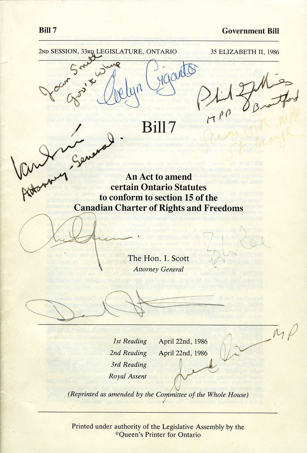 One of two copies of the Bill autographed by supportive politicians and activists (Photo courtesy of the Canadian Lesbian and Gay Archive)