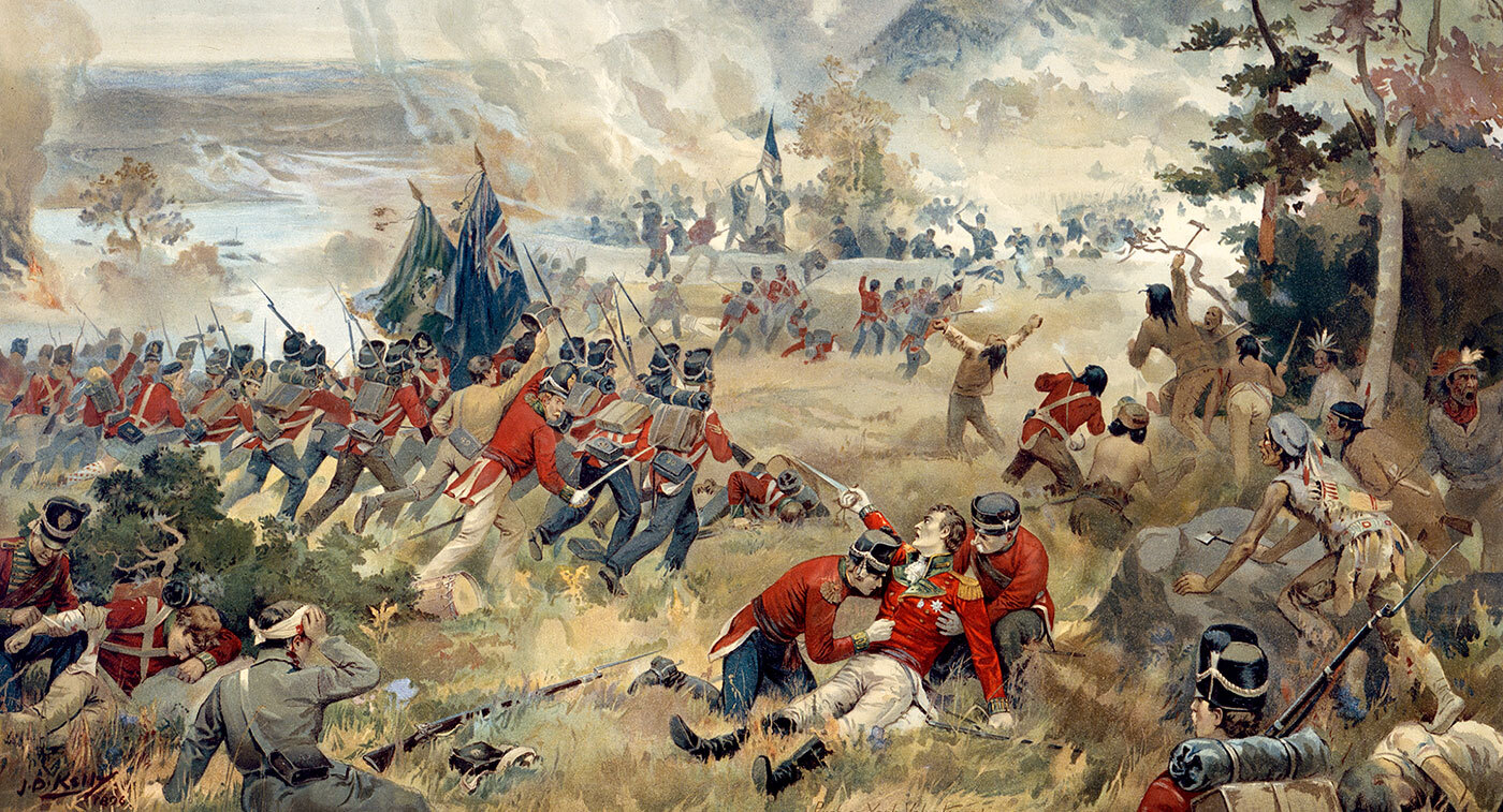 This painting, depicting General Brock’s death on 13 October 1812 at the Battle of Queenston Heights, has become an iconic Canadian image of the War of 1812. (Print by John David Kelly, 1896. Library and Archives Canada, Acc. No. 1954-153-1.)
