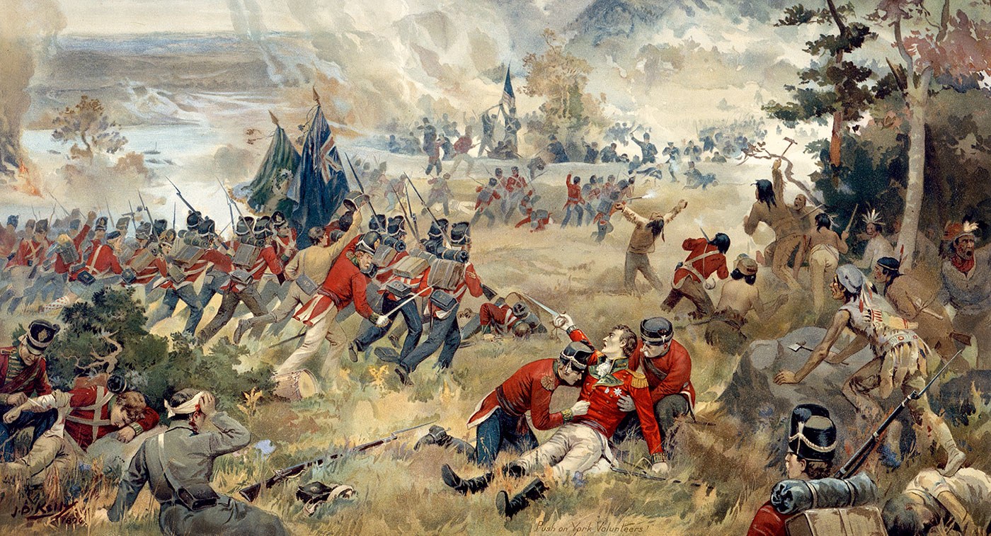 Battle of Queenston Heights, 13 October 1812. This painting, depicting General Brock’s death at the Battle of Queenston Heights, has become an iconic Canadian image of the War of 1812. Print by John David Kelly, 1896. Library and Archives Canada, Acc. No. 1954-153-1.