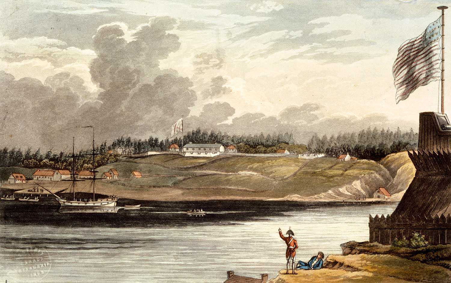 Fort George, Upper Canada. Hand-coloured print of the military training camp at Fort George by artist Edward Walsh. This print is estimated to be from 1813, when the British recaptured Fort George from the Americans. (Photo: Library and Archives Canada, Acc. No. 1970-188-505)