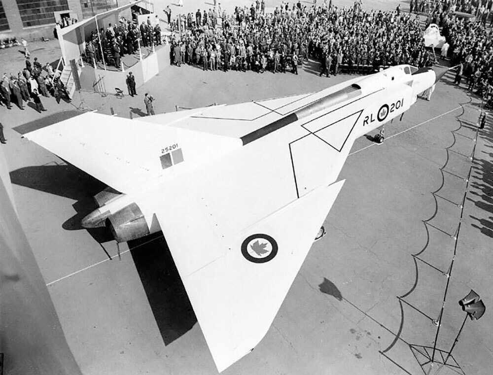 The Avro Arrow during unveiling ceremonies at Avro Aircraft Limited in Malton, Ontario, on October 4, 1957. (Photo: Library Archives Canada/Department of National Defence, PL-107092)