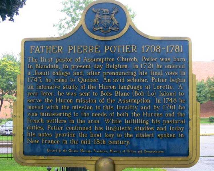 Provincial plaque commemorating Father Pierre Potier (Photo: www.ontarioplaques.com)