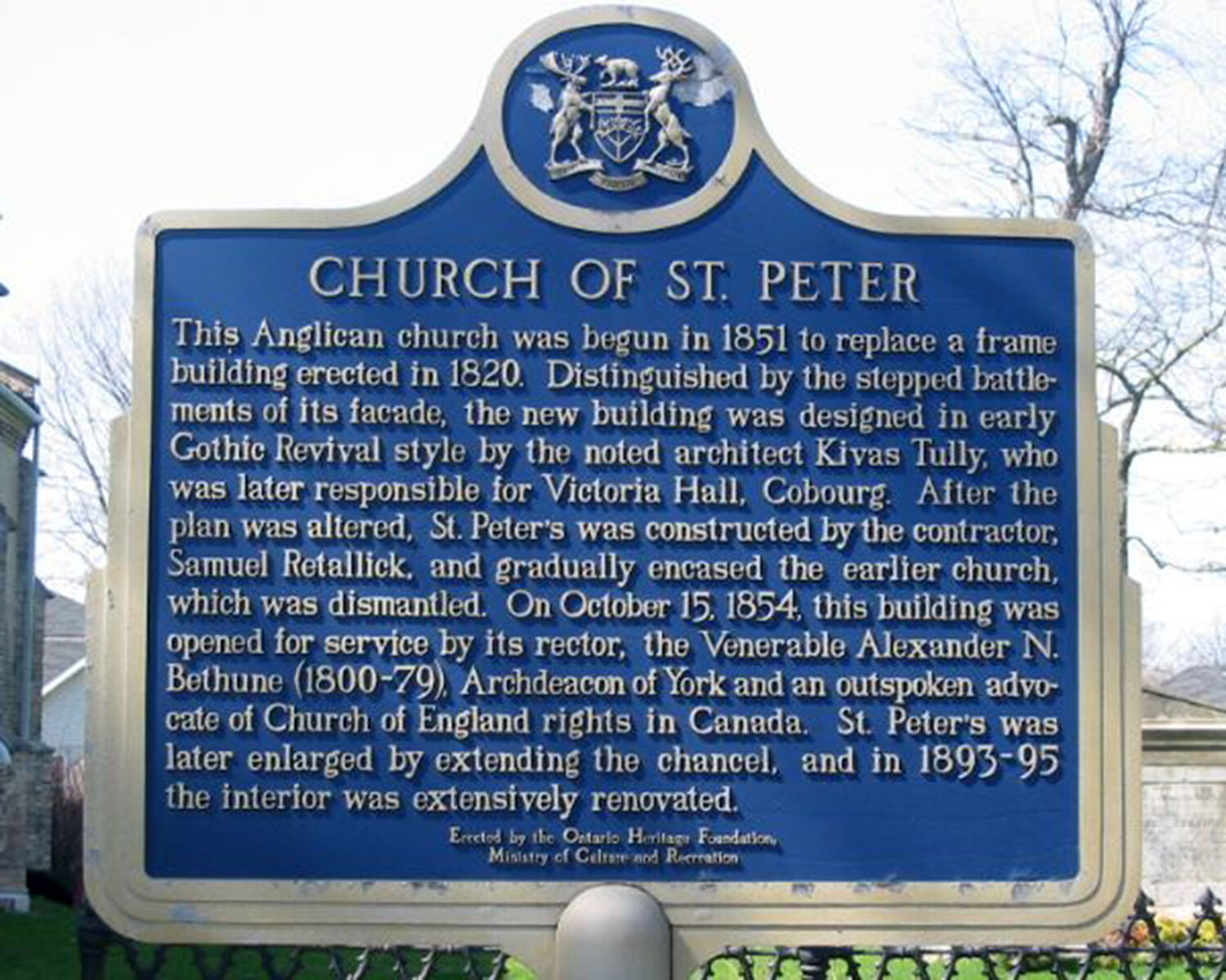 Provincial plaque commemorating the Church of St. Peter in Cobourg (Photo: Alan Brown, www.ontarioplaques.com)