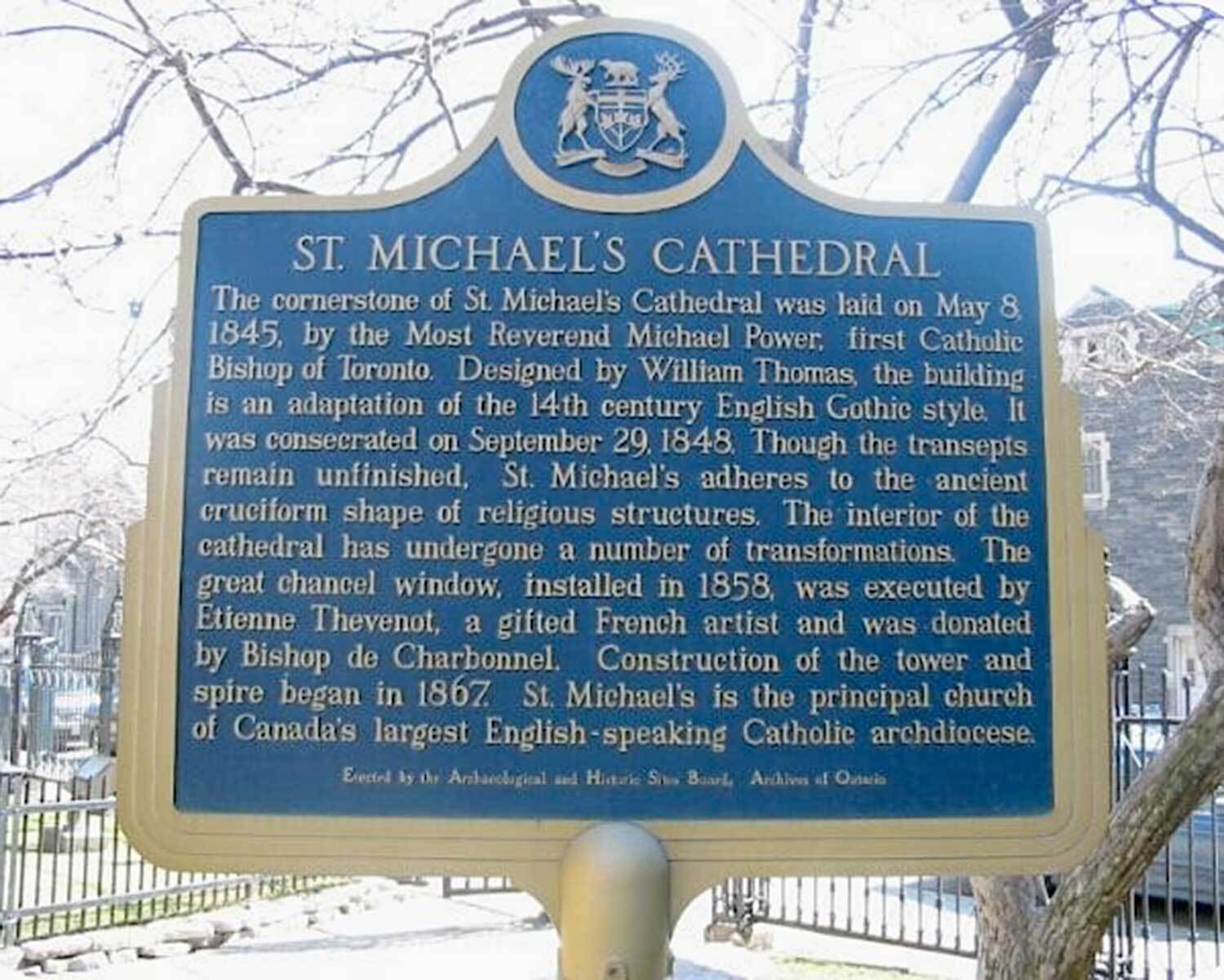 Provincial plaque commemorating St. Michael's Cathedral, Toronto (Photo: www.torontoplaques.ca)