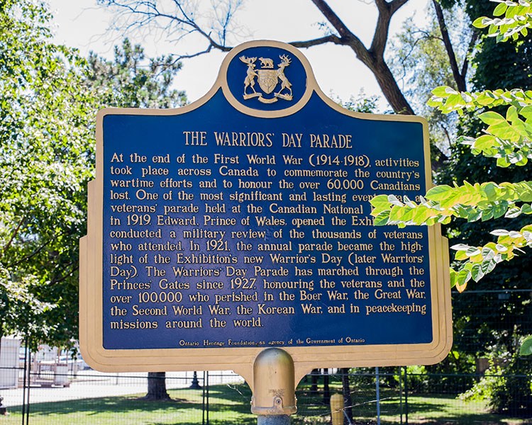 Plaque commemorating The Warriors' Day Parade at the Canadian National Exhibition