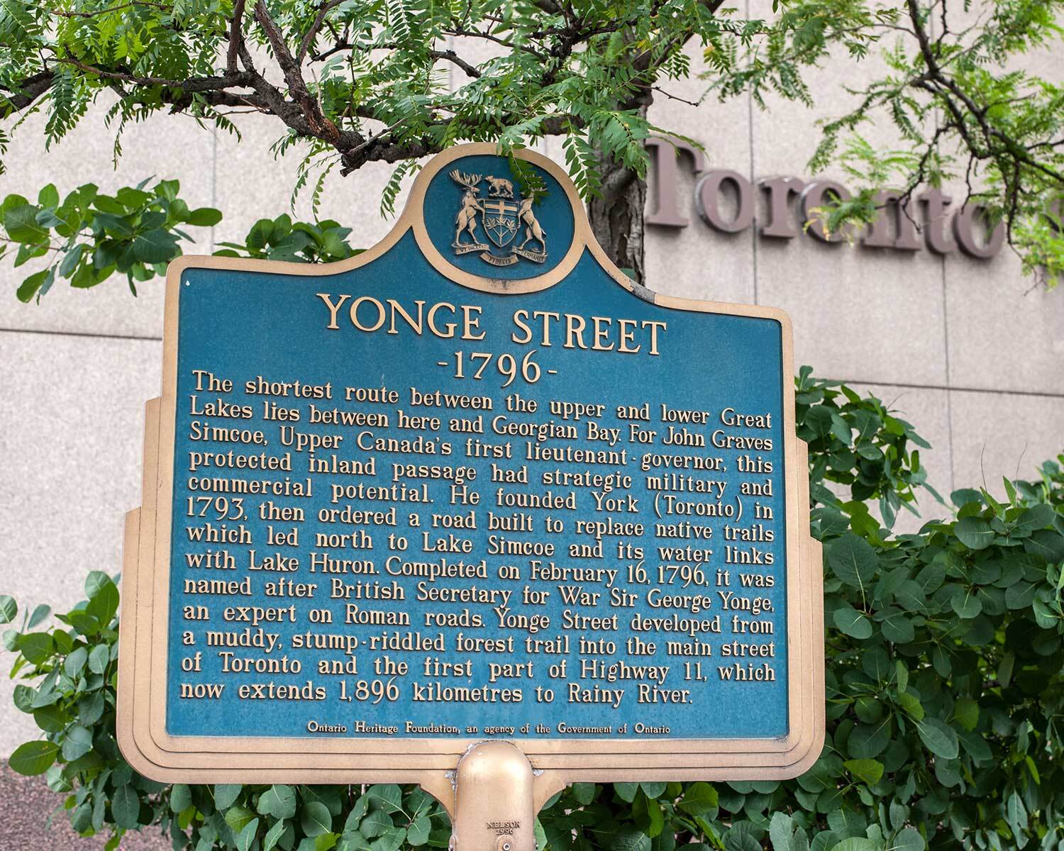 Provincial plaque commemorating Yonge Street, Toronto